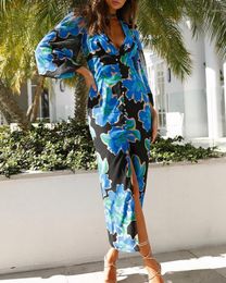 Casual Dresses For Women 2023 Spring Fashion Daily Floral Print Plunge Slit Button Decor Maxi Dress