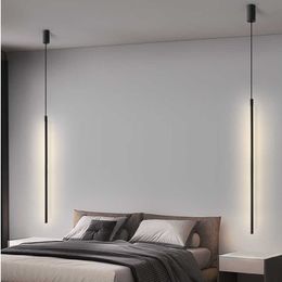 Lights Long Tube LED Pendant Lamps For Bedroom Bedside Illuminaire 60/80/100/120cm Gold Black High Ceiling Hanging Light AC 85-265V 0209