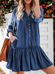 Casual Dresses Elegant V Neck Mini For Women Ladies Loose Solid Pocket Denim Dress 2023 Spring Autumn Long Sleeve Short