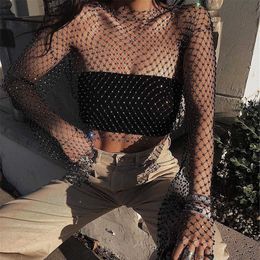 Women's T-Shirt Solid Colour Shimmer Mesh Hollow T-Shirts Long Sleeve Round Neck See Through Holes Rhinestones Sexy Slim Wild Fashion Crop Tops Y2302