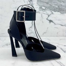 Women High Square Black Pumps Runway To Heels Satin Crystal Gladiator Sandals Ankle Strap Party Dress Shoes Ladies Stiletto T