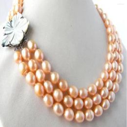 Chains Hand Knotted Necklace 3 Rows Natural 7-8mm Pink Freshwater Rice Pearl Sweater Chain Nearly Oval Flower Clasp 17-20inch