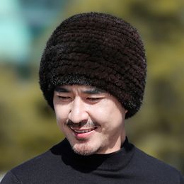 Men's Real Mink Fur Hat Knitted Elastic Beanie Winter Warm Snow Outdoor Cap Earlaps