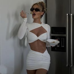 Two Piece Dress Women Outfits Sexy Streetwear Pieces Set Skirt Suit Black White Night Club Long Sleeve Hollow Out Crop Top Festival Clothing 230209