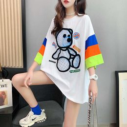 T-shirt femme été mi-long ours surdimensionné T-shirts contraste couleur serviette brodé T-shirt à manches courtes dessin animé Kawaii T-shirts Y2302