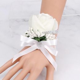 Decorative Flowers 5Pieces/Bag Handmade Wedding Party Prom Bridal Mother Bridesmaid Hand Wrist Flower White Silk Rose Bracelet Women Corsage