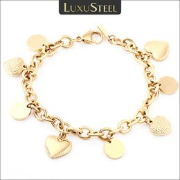 Link Chain LUXUSTEEL Stainless Steel Heart Coin Charm Bracelet for Women Girl Gold Color Cuban Link Chain Bracelet Jewelry Gift 20cm G230208