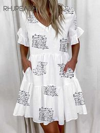 Casual Dresses Ruffles Loose V-Neck Women Summer Short Sleeve Floral Print Woman 2022 Fashion White Boho Beach 5XL Y2302