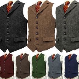 Men's Vests Men's Wool Tweed Slim Fit Leisure Cotton Burgundy Vest Gentleman Herringbone Business Brown Waistcoat Blazer For Wedding Groom 230209