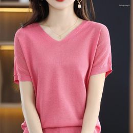 Women's T Shirts Gilt Yarn Knitted T-Shirt Women's Fashion V-Neck Short-Sleeved Vest Summer Clothing Fabric Sweater Hollow Pullover Top