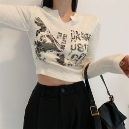 Women's T Shirt Long sleeve Cropped Top Grunge Clothes Vintage Letter T shirt Aesthetic Korean Style Chic Slim Autumn y2k Streetwear 230105