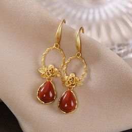 Dangle Earrings & Chandelier Designer Original Ancient Gold Craftsmanship Inlaid Southern Red Tourmaline Peony Flower Luxury Ladies Silver J