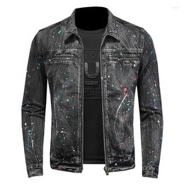 Men's Jackets Men's Fashion Painted Denim Jacket High Quality Ink Printed JeansTrucker Coat Outerwear For Male Zipper Closure Size S-4XL
