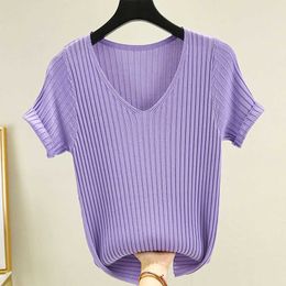 Women's T-Shirt Ice Silk Short-sleeved Sweater 2022 New Korean Summer Loose Solid Colour V-neck Bottoming Shirt T-shirt Top Y2302