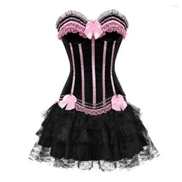 Bustiers & Corsets Pink Sexy Stripe Overbust Corset Top And Dress Cup Straps Bustier Lace Skirt Satin Body Shaper Lingerie