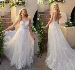 Maternità A Line Abiti da sposa per la sposa Tulle Appliqued Pizzo Romantico Boho Garden Abiti da sposa Plus Size Backless Sexy Robes de Mariee Abito da ricevimento CL1815