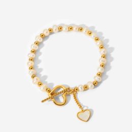 Link Chain Freshwater Pearl Bracelets Shell Heart Charm Stainless Steel Tarnish Free Ball Beaded Bangle Bracelets 18k Gold Jewelry Women G230208