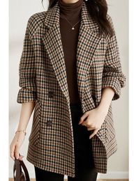 Womens Suits Blazers Vintage Houndstooth Women Woollen Blazer Double Breasted Plaid Female Suit Jacket Fashion Korean Outerwear Loose Blaser Coat 230209