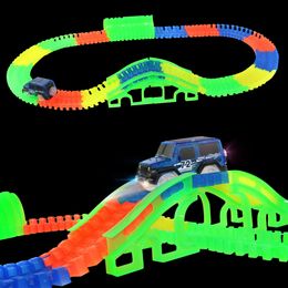 Diecast Model Magical Glowing Race Track Assemble Set Racing Bend Railway Bridge Crossroads Rail LED Electronic Car Toys for Boy 230209