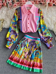 Two Piece Dress Women Fashion Luxury Print Shirt Top Pleated Mini Skirt Spring Autumn Vintage Long Sleeve Buttons Party 2 Sets 230209