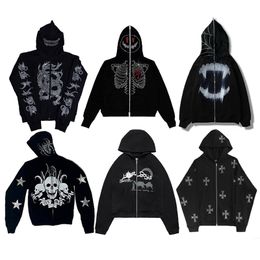 Mens Hoodies Sweatshirts Zip Skeleton Goth Sweatshirt Sport Coat Pullover Gothic Long Sleeve Oversized Y2k Jacket 230208