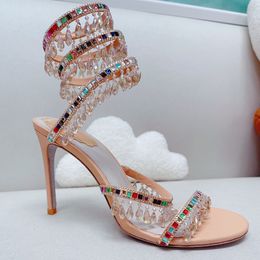 Crystal Chandelier high-heeled sandals 95mm luxury diamond serpentine wrapped Roman high heels Rhinestone Silver designer banquet dress shoes 35-43 With Box