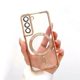 Transparent Electroplating Magnetic Phone Case For Samsung Galaxy S23 S22 Ultra S21 Plus With Lens Film Cover For Magsafe Wireless Charger