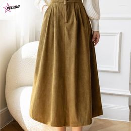 Skirts PULABO Corduroy Midi Skirt For Women 202 Autumn Winter Korean Elegant Solid A Line Elastic High Waist Long Female Velvet