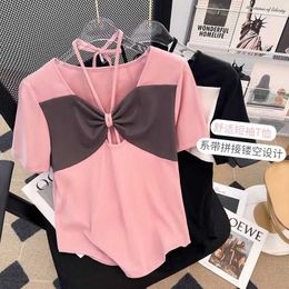 Women's T-Shirt Sexy Cute Pink Bow Tees Short Sleeve T-shirt Summer New Loose Large Spice Girl Hollow Tie Stitched Top Y2302