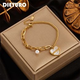 Link Chain DIEYURO 316L Stainless Steel Pearl Love Heart Charm Bracelet For Women High Quality Women's Body Jewellery Party Gift G230208