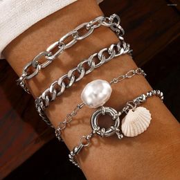Charm Bracelets 4pcs/set Bohemian Shell Pearl Pandent Bracelet Set For Women Silver Colour Multi-layer Female Summer Party Jewellery