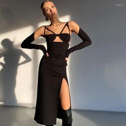 Casual Dresses Hollow Black Long Sleeve Bandage For Women 2023 Backless Sexy Party Bodycon Club Evening Summer Robe Y2k