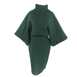 Work Dresses PERHAPS U Women Green Solid Sweatshirt Knee Length Skirt Zipper Pencil 2 Two Pieces Set Elegant Winter Turtleneck T0069
