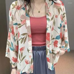 Women's Blouses Women Chiffon Blouse Summer Flower Shawl Coat Short Loose Shirt Versatile Shorts Thin Japanese Style Sunscreen Top