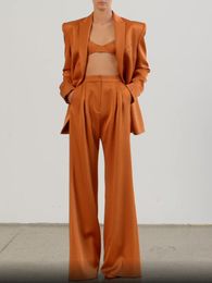 Womens Two Piece Pants HIGH QUALITY Fashion Designer Suit Set Double Breasted Satin Silk Lapel Blazer Wide Leg 230209