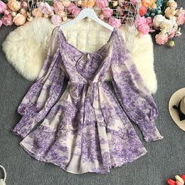 Casual Dresses Vintage Square Collar Bubble Sleeve Floral Long Waist Slimming Temperament Dress