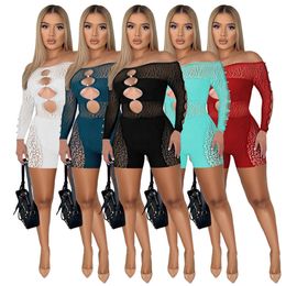 NEW Designer Sexy Hollow Out Rompers Fall Women Long Sleeve Bodycon Jumpsuits One Piece Overalls Sheer Mesh Skinny Playsuits Club Wear Wholesale Clothes 9246