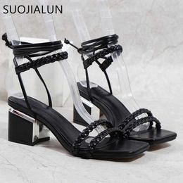 Square Women Heel Sandals Sandal Low SUOJIALUN Fashion Brand Weave Rome Gladiator Ankle Lace Up Ladies Dress Pumps Shoes T