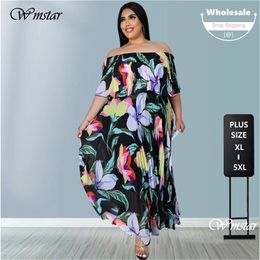 Plus size Dresses Wmstar Plus Size Dress Women 5xl Off Shoulder Flower Print Elastic Waist Party Pleated Maxi Dress Summer Wholesale Drop 230209