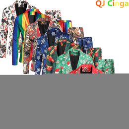 Mens Suits Blazers Red Printed Twopiece Christmas Suit Jacket Pants Stylish Male Blazer Coat with Trousers Black Green Blue S4XL 230209