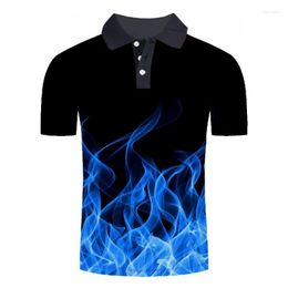 Men's Polos 2023 Polo Shirt Men Business Casual Male Short Sleeve Blue Flame 3D Print Tops Homme