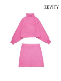 Two Piece Dress Zevity Women Fashion Loose Turtleneck Knit Sweater And High Elastic Waist A Line Mini Skirts Female Sets Mujer set2193 230209