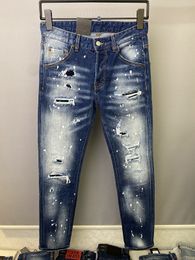 Men's Jeans Fashionable Designer D2 DSQ ICON GG Mens Skinny Feet Jeans Ripped fashion Paint Splattered Retro Blue streetwear Beggar Jean 8885