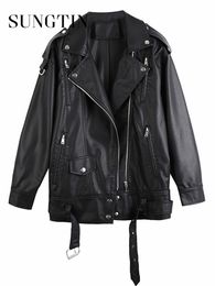 Womens Leather Faux Sungtin Black PU Jackets Women with Belt Oversized Korean Loose Motorcycle Fashion Causal Outerwear 230209