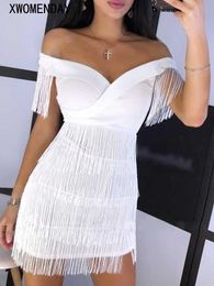 Casual Dresses Summer Sexy Bodycon Woman Elegant White Off Shoulder Fringe Party For Women 2022 Fashion V Neck Short New Y2302