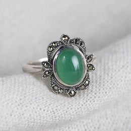 Cluster Rings FNJ 925 Silver Ring For Women Jewelry Original Pure S925 Sterling MARCASITE Natural Green Agate