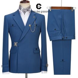 Mens Suits Blazers Cenne Des Graoom Men Blue Jacket Trousers 2 Pieces Set Metal Side Release Buckle Elegant Wedding Evening Dress 230209