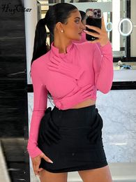 Two Piece Dress Hugcitar Long Sleeves V Neck With Gloves Patchwork Irregular Crop Top Skirt 2 Pcs Set Fall Women Vacation Streetwear Outfit 230209