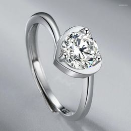 Wedding Rings Japan And South Korea Silver Color Moss Stone Zircon Heart-shaped Ring Simple Opening Adjustable Proposal Female Jewelry Gift