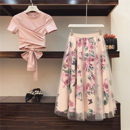 Two Piece Dress Womens Irregular Tshirt Mesh Skirt Set Bowknot Solid Color Top Retro Floral 230209